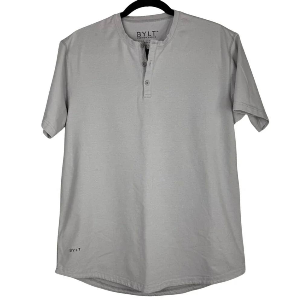 BYLT Premium Basics Drop Cut‎ Henley Lux Grey Short Sleeve Shirt Mens Large